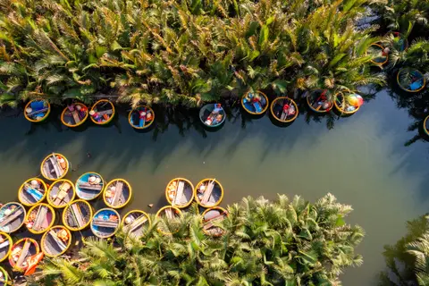 Painted basket boats seen from above, packed close together against the dense fronds at the channel edge
