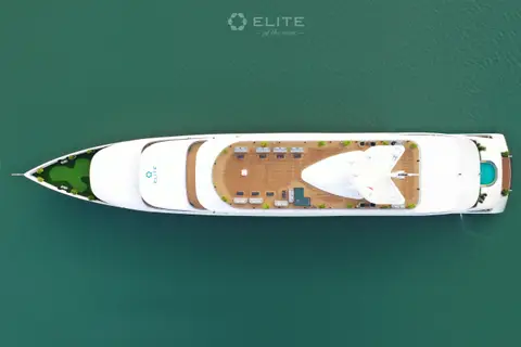 Overhead view of the whole ship showing the sundeck, pool and putting green laid out along the top deck