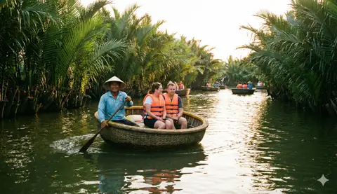 A boatman standing to row a round bamboo basket boat carrying four visitors in life jackets down a narrow channel walled with water-coconut palms